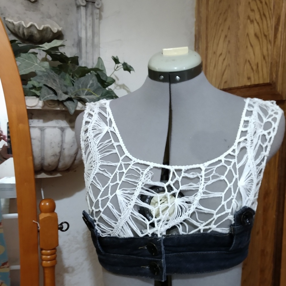 White crochet and distressed denim crop top